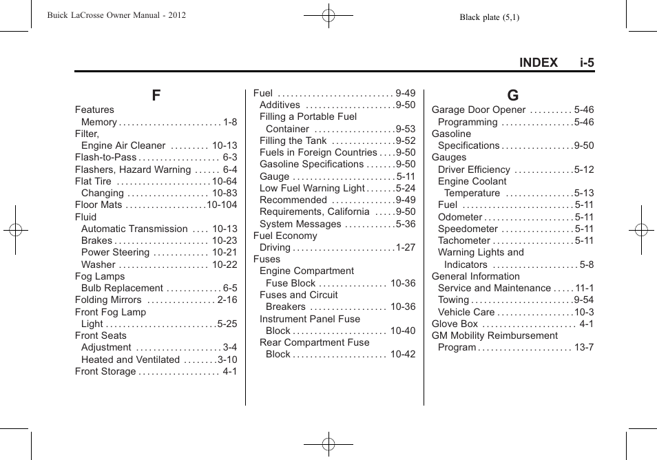 Index_f, Index_g, Index i-5 | Buick 2012 LaCrosse User Manual | Page 487 / 496