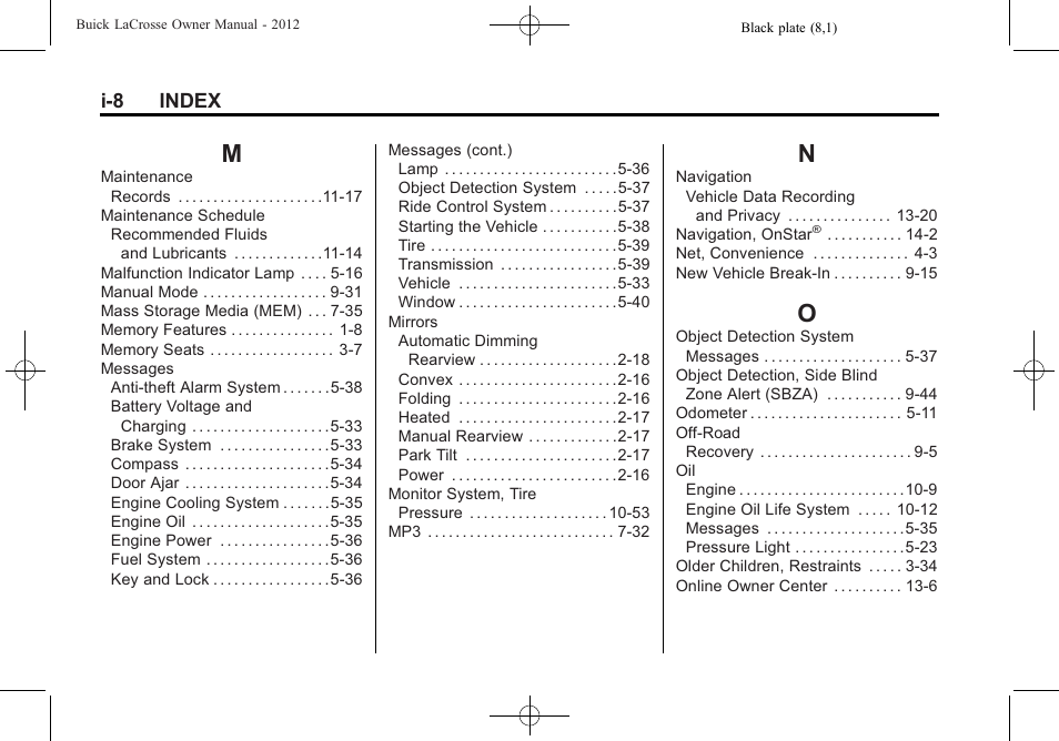 Index_m, Index_n, Index_o | Buick 2012 LaCrosse User Manual | Page 490 / 496