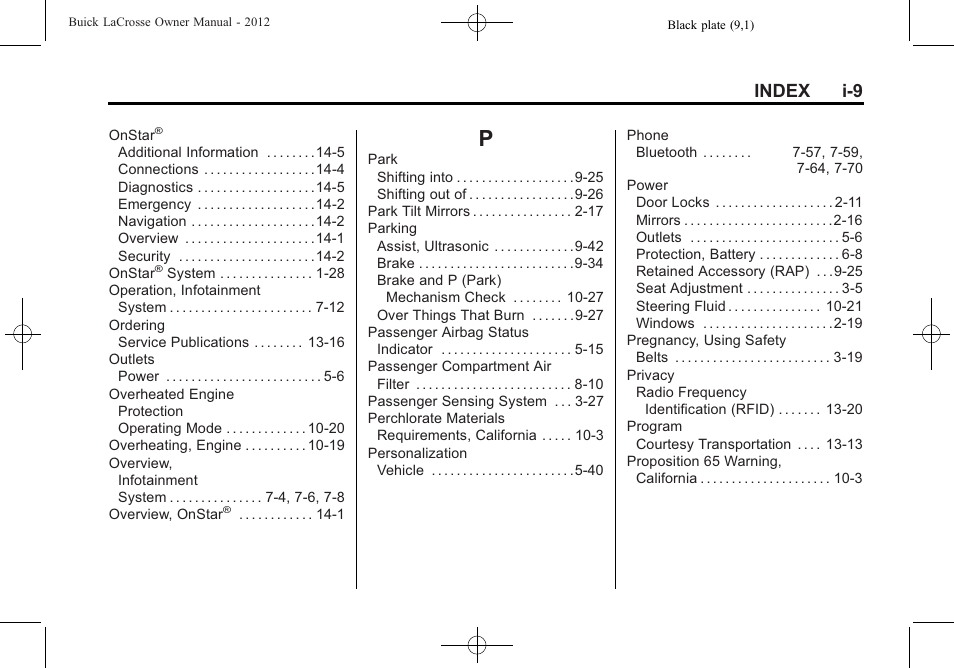 Index_p, Index i-9 | Buick 2012 LaCrosse User Manual | Page 491 / 496