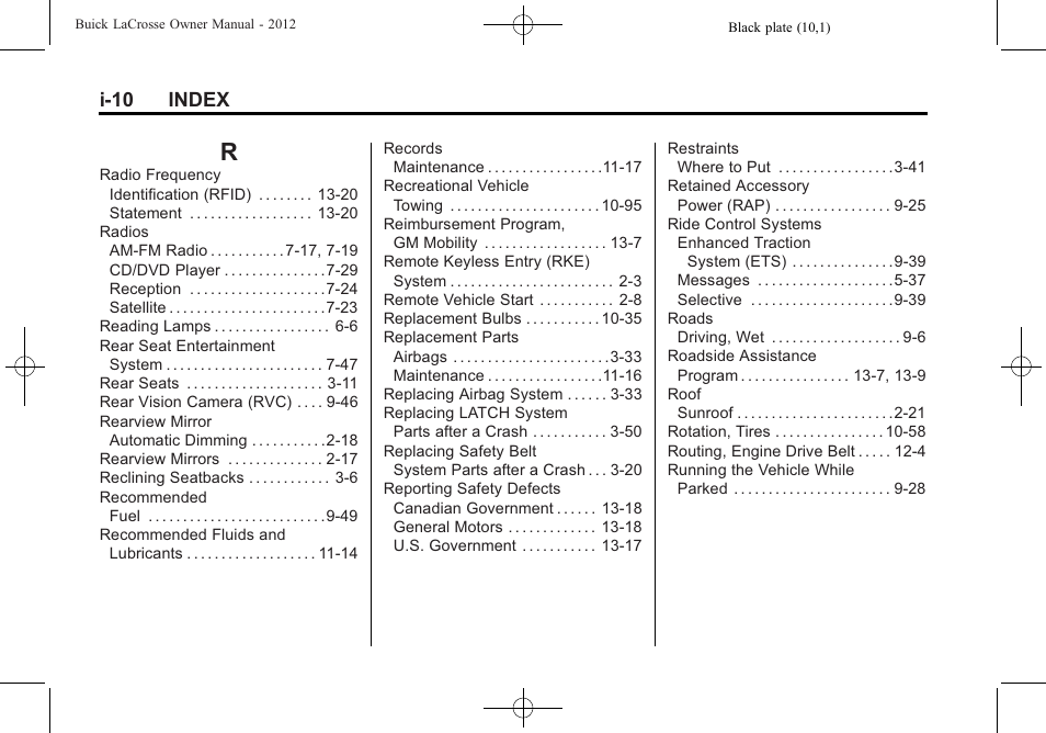 Index_r, I-10 index | Buick 2012 LaCrosse User Manual | Page 492 / 496
