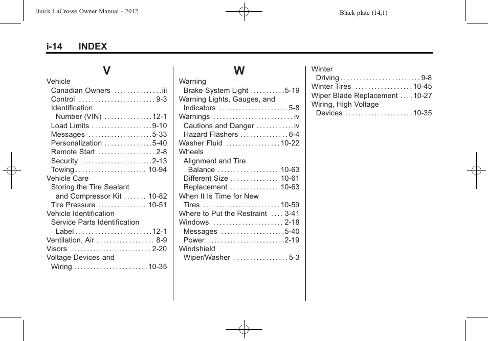 Index_v, Index_w, I-14 index | Buick 2012 LaCrosse User Manual | Page 496 / 496