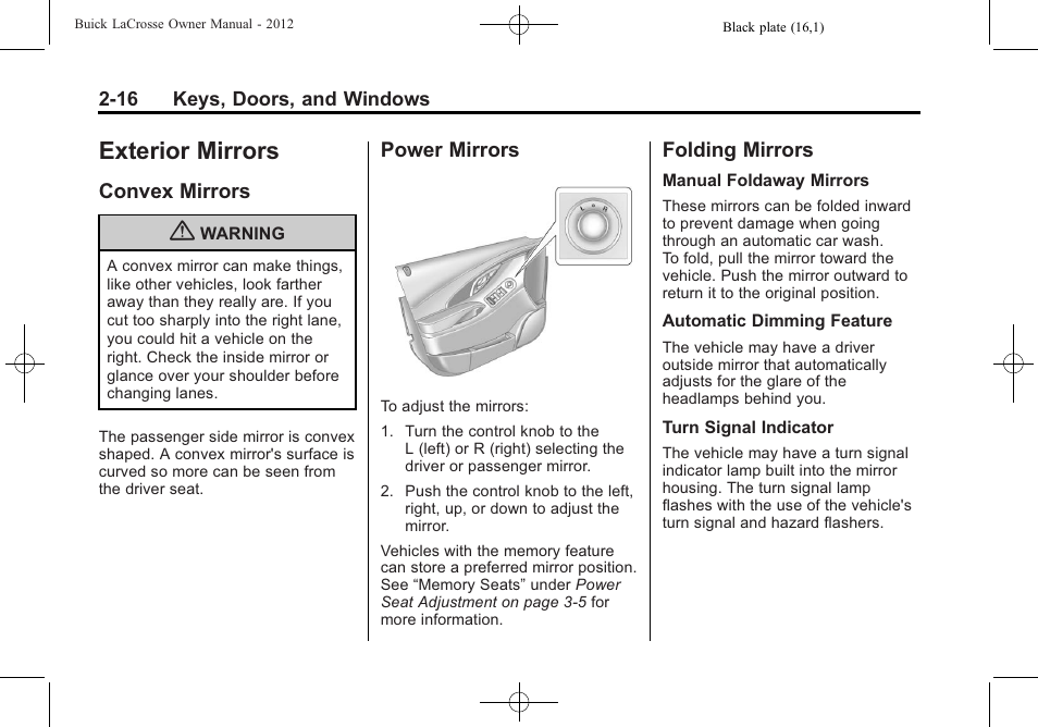 Exterior mirrors, Convex mirrors, Power mirrors | Folding mirrors, Exterior mirrors -16 | Buick 2012 LaCrosse User Manual | Page 50 / 496