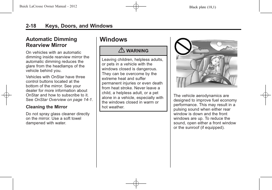 Automatic dimming rearview mirror, Windows, Windows -18 | Automatic dimming, Rearview mirror -18 | Buick 2012 LaCrosse User Manual | Page 52 / 496