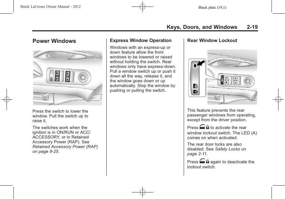 Power windows, Power windows -19 | Buick 2012 LaCrosse User Manual | Page 53 / 496