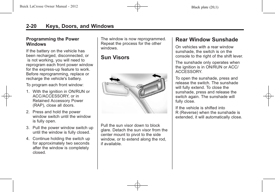 Sun visors, Rear window sunshade, Sun visors -20 rear window sunshade -20 | Buick 2012 LaCrosse User Manual | Page 54 / 496