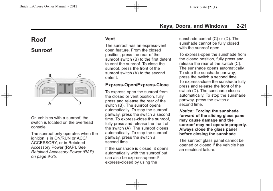 Roof, Sunroof, Roof -21 | Sunroof -21 | Buick 2012 LaCrosse User Manual | Page 55 / 496