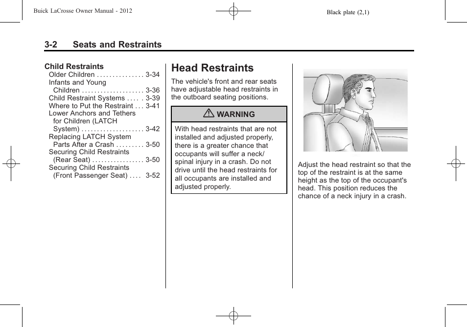 Head restraints, Head restraints -2 | Buick 2012 LaCrosse User Manual | Page 58 / 496