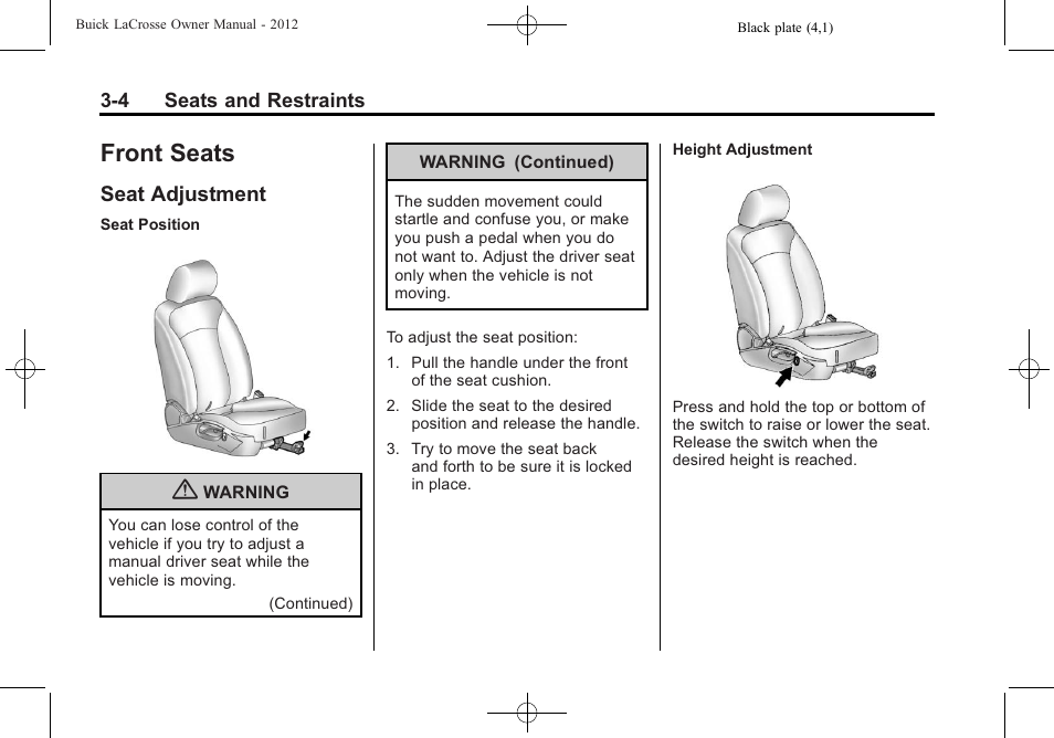 Front seats, Seat adjustment, Front seats -4 | Seat adjustment -4 | Buick 2012 LaCrosse User Manual | Page 60 / 496