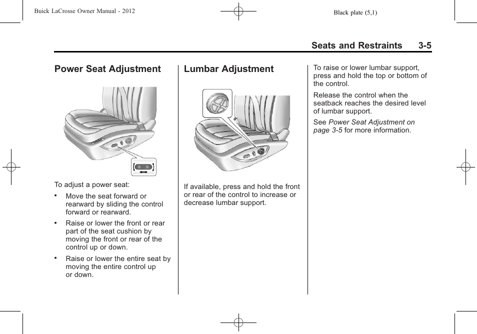 Power seat adjustment, Lumbar adjustment, Power seat adjustment -5 lumbar adjustment -5 | Seats and restraints 3-5 | Buick 2012 LaCrosse User Manual | Page 61 / 496