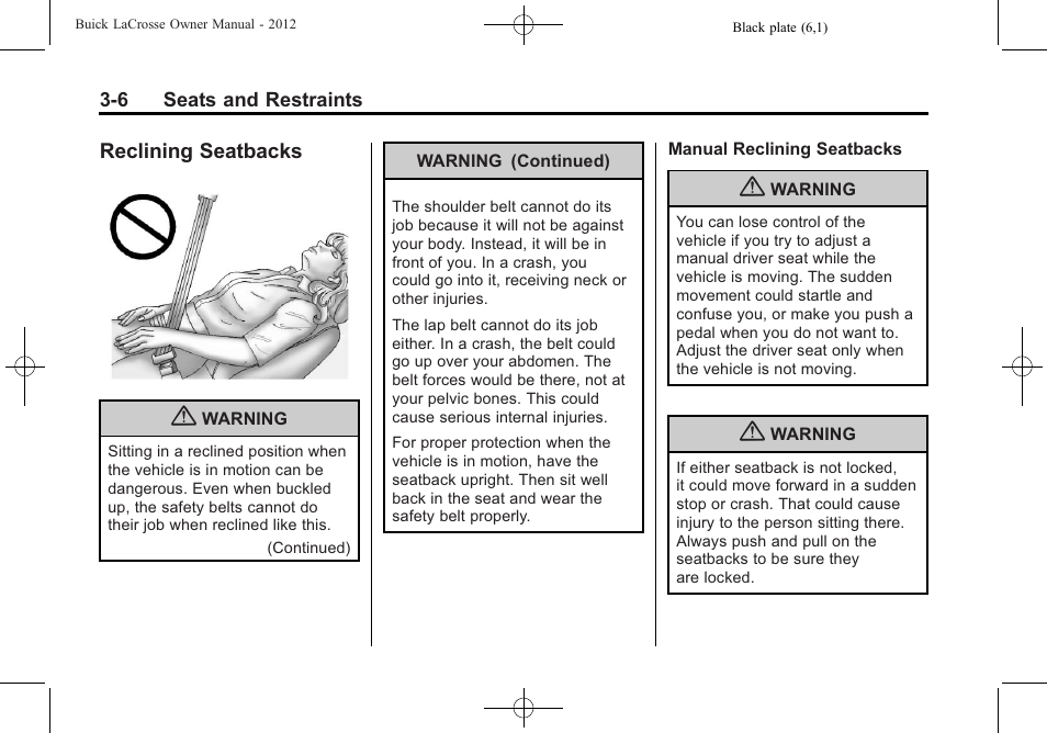 Reclining seatbacks, Reclining seatbacks -6, Safety | Buick 2012 LaCrosse User Manual | Page 62 / 496
