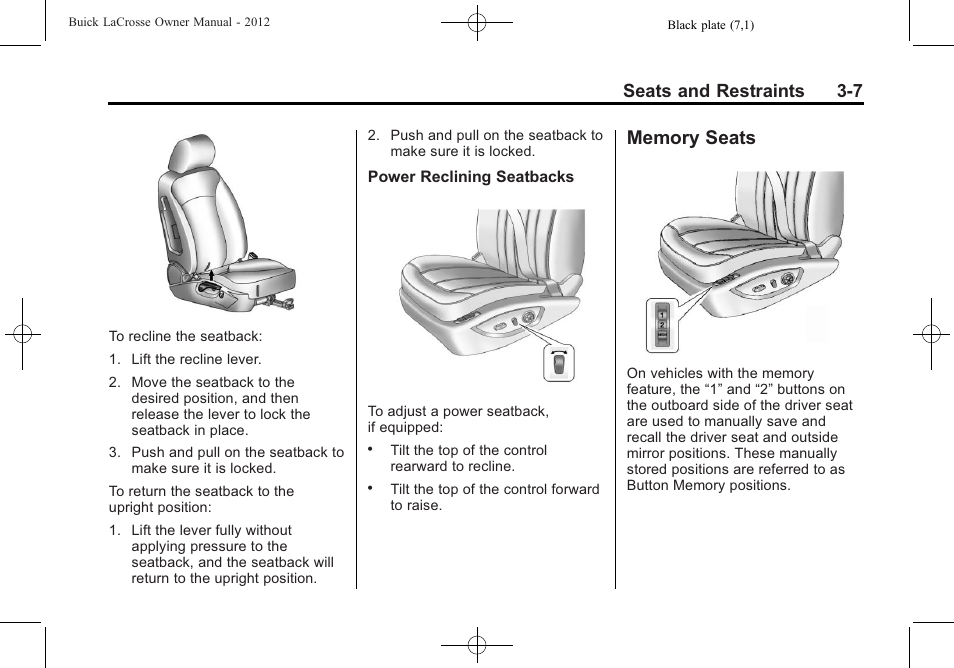 Memory seats, Memory seats -7, Seats and restraints 3-7 | Buick 2012 LaCrosse User Manual | Page 63 / 496