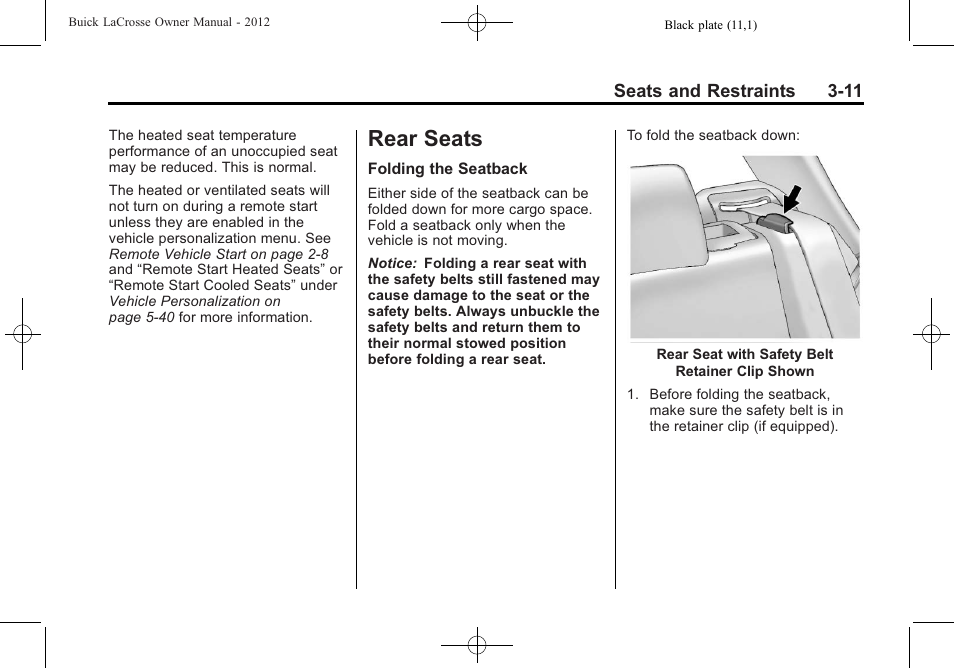 Rear seats, Rear seats -11, Airbag | Buick 2012 LaCrosse User Manual | Page 67 / 496
