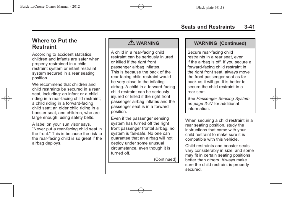 Where to put the restraint, Where to put the restraint -41 | Buick 2012 LaCrosse User Manual | Page 97 / 496