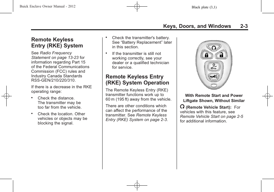 Remote keyless entry (rke) system, Remote keyless entry (rke) system operation, Remote keyless entry (rke) | System -3, System operation -3, Power, Keys, doors, and windows 2-3 | Buick 2012 Enclave User Manual | Page 33 / 474