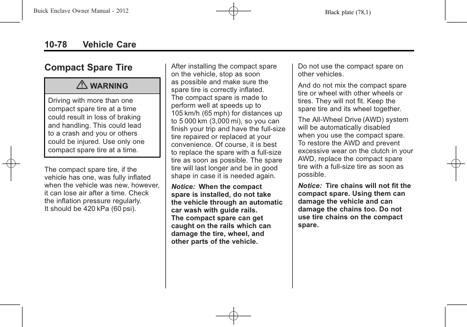Compact spare tire, Compact spare tire -78 | Buick 2012 Enclave User Manual | Page 390 / 474