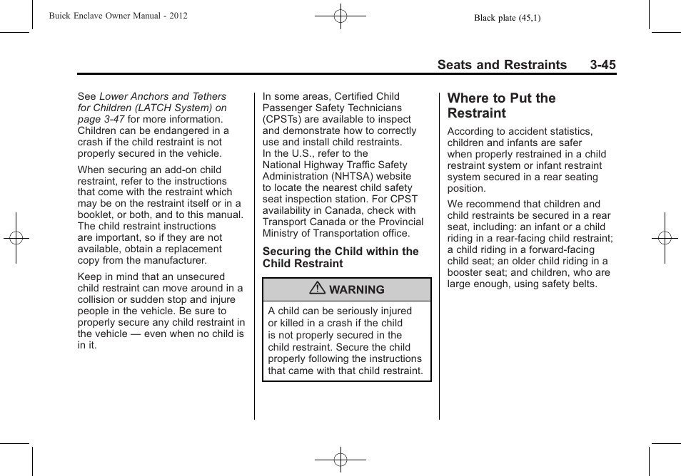 Where to put the restraint, Where to put the restraint -45 | Buick 2012 Enclave User Manual | Page 99 / 474
