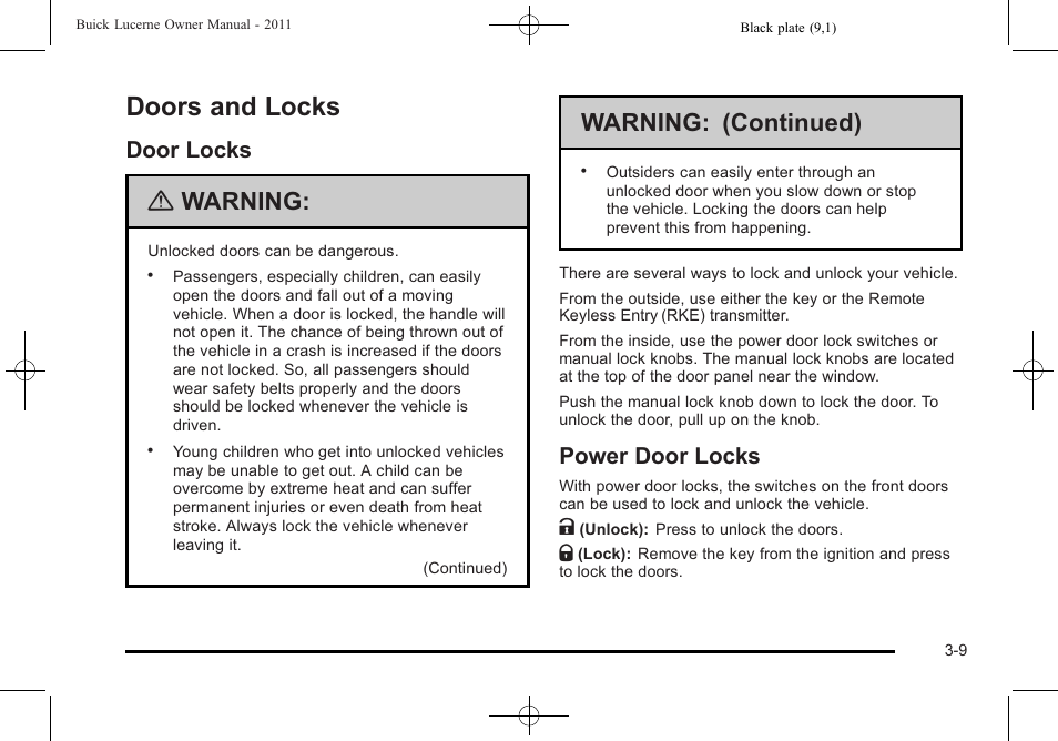 Doors and locks, Door locks, Power door locks | Doors and locks -9, Towing, Door locks -9 power door locks -9, Warning, Warning: (continued) | Buick 2011 Lucerne User Manual | Page 113 / 450