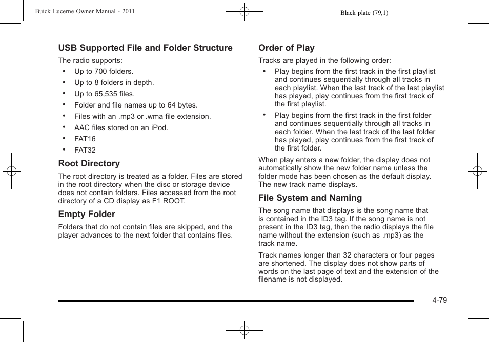 Usb supported file and folder structure, Root directory, Empty folder | Order of play, File system and naming | Buick 2011 Lucerne User Manual | Page 235 / 450