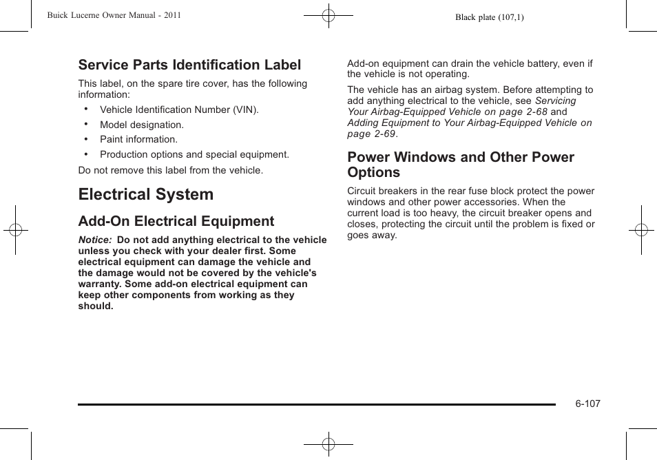 Service parts identification label, Electrical system, Add-on electrical equipment | Power windows and other power options, Electrical system -107, Service parts identification label -107 | Buick 2011 Lucerne User Manual | Page 393 / 450