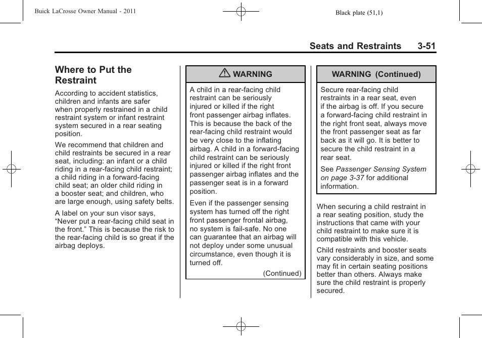 Where to put the restraint, Where to put the restraint -51 | Buick 2011 Lacrosse User Manual | Page 105 / 462