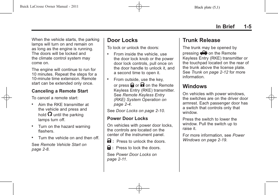 Door locks, Trunk release, Windows | Door locks -5 trunk release -5 windows -5 | Buick 2011 Lacrosse User Manual | Page 11 / 462