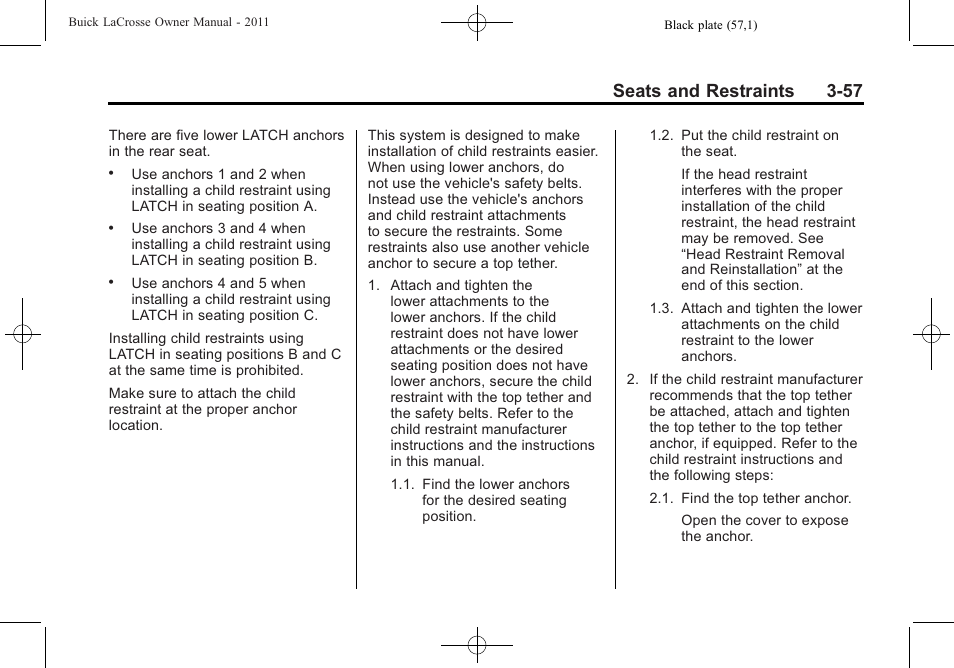 Seats and restraints 3-57 | Buick 2011 Lacrosse User Manual | Page 111 / 462