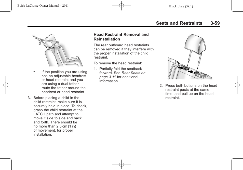 Seats and restraints 3-59 | Buick 2011 Lacrosse User Manual | Page 113 / 462