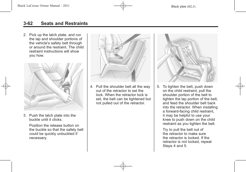 62 seats and restraints | Buick 2011 Lacrosse User Manual | Page 116 / 462