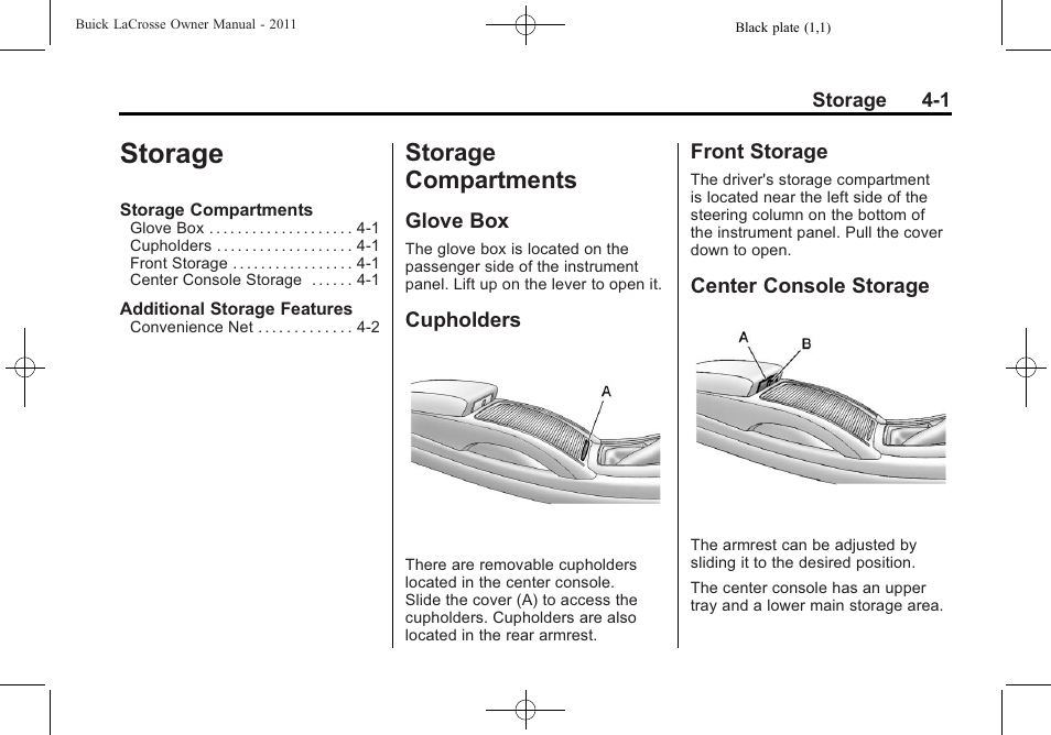 Storage, Storage compartments, Glove box | Cupholders, Front storage, Center console storage, Storage -1, Storage compartments -1, Climate | Buick 2011 Lacrosse User Manual | Page 121 / 462