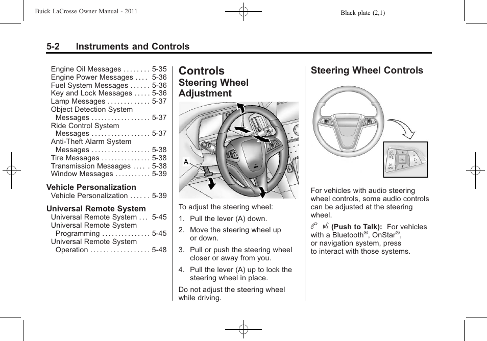 Controls, Steering wheel adjustment, Steering wheel controls | Driving and operating, Steering wheel controls on, 2 instruments and controls | Buick 2011 Lacrosse User Manual | Page 124 / 462