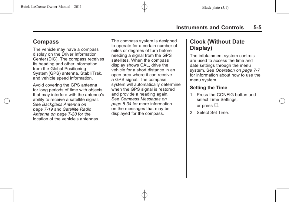 Compass, Clock (without date display), Compass -5 clock (without date | Display) -5, Electric | Buick 2011 Lacrosse User Manual | Page 127 / 462