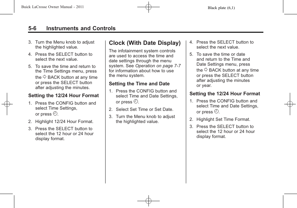 Clock (with date display), Clock (with date display) -6, Light | Buick 2011 Lacrosse User Manual | Page 128 / 462