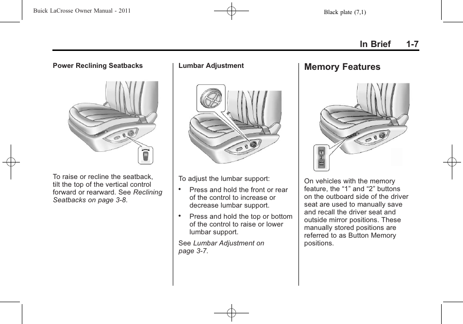 Memory features, Memory features -7 | Buick 2011 Lacrosse User Manual | Page 13 / 462