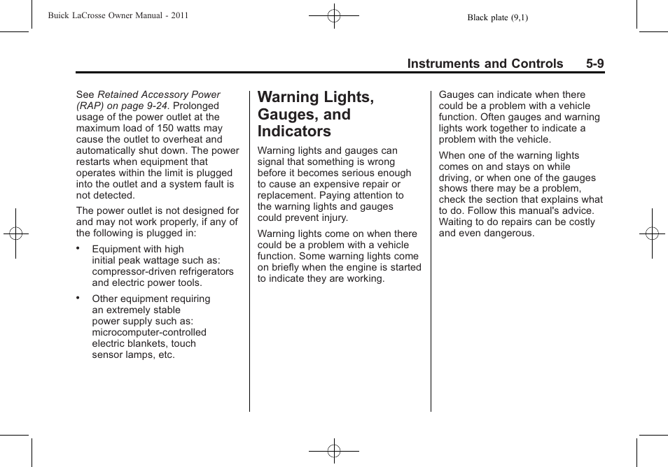 Warning lights, gauges, and indicators, Warning lights, gauges, and, Indicators -9 | Starting and operating -16, Instruments and controls 5-9 | Buick 2011 Lacrosse User Manual | Page 131 / 462