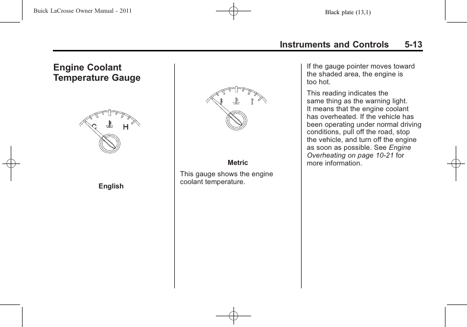 Engine coolant temperature gauge, Engine coolant temperature, Gauge -13 | Buick 2011 Lacrosse User Manual | Page 135 / 462