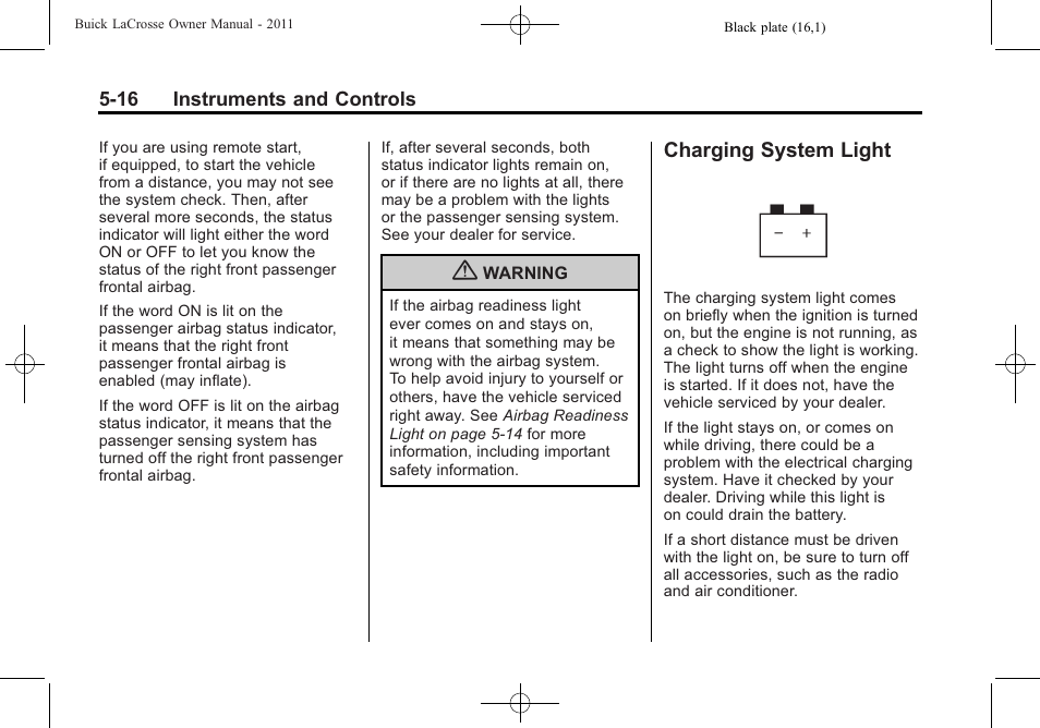 Charging system light, Charging system light -16 | Buick 2011 Lacrosse User Manual | Page 138 / 462