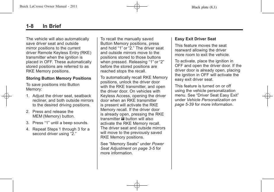 8 in brief | Buick 2011 Lacrosse User Manual | Page 14 / 462