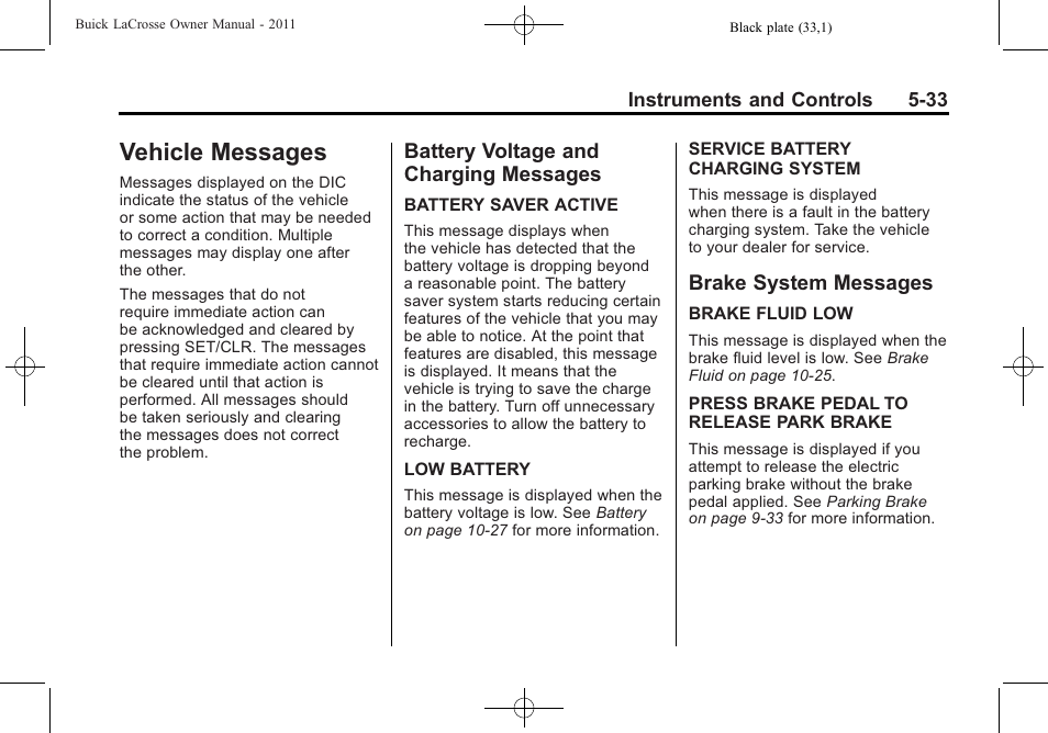 Vehicle messages, Battery voltage and charging messages, Brake system messages | Messages -33, Automatic transmission -28, Vehicle messages -33 battery voltage and charging, Brake system messages -33 | Buick 2011 Lacrosse User Manual | Page 155 / 462