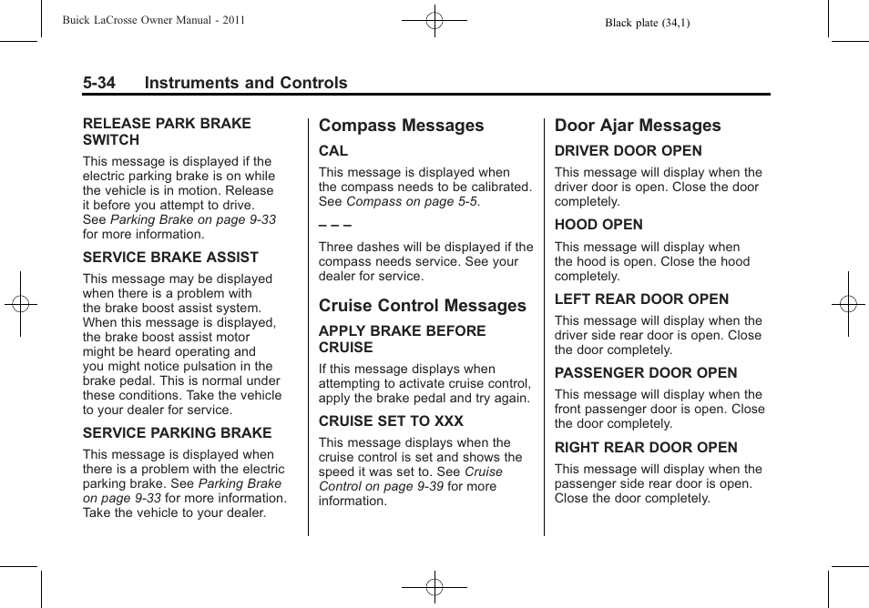 Compass messages, Cruise control messages, Door ajar messages | Buick 2011 Lacrosse User Manual | Page 156 / 462