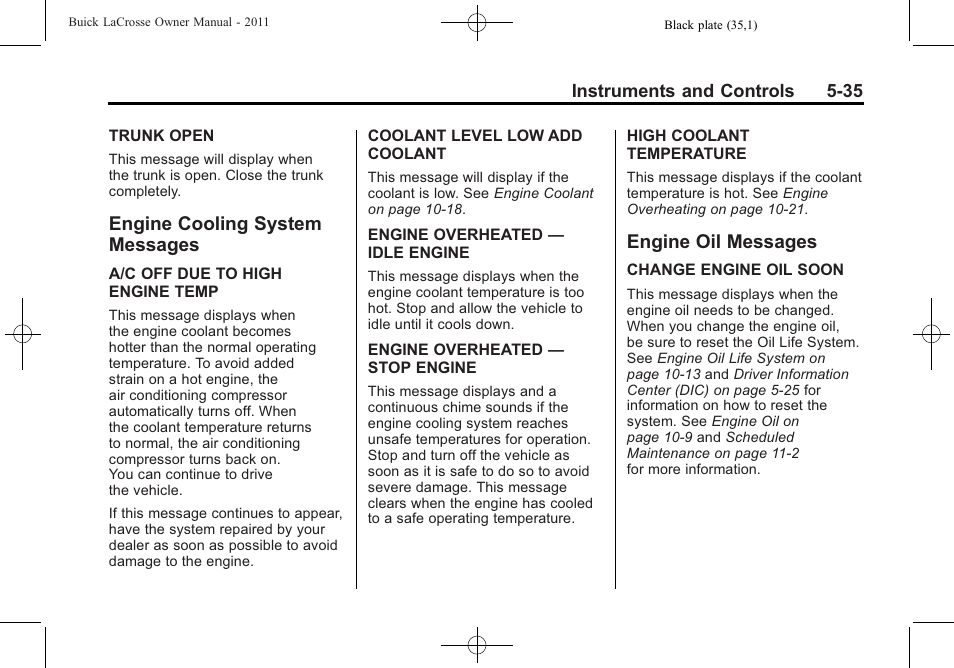 Engine cooling system messages, Engine oil messages, Engine cooling system | Messages -35, Engine oil messages -35, Controls | Buick 2011 Lacrosse User Manual | Page 157 / 462
