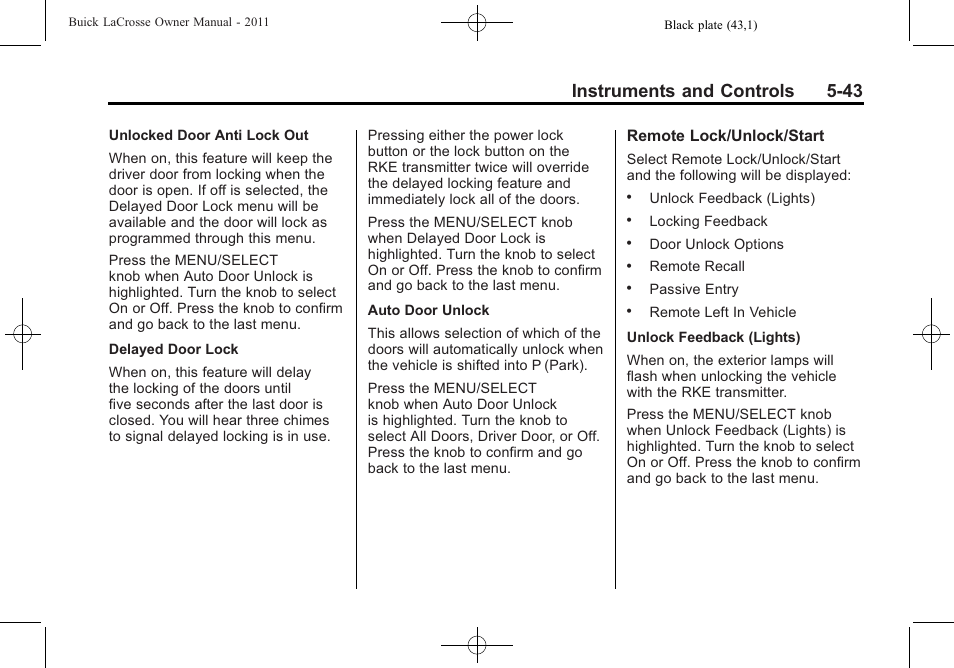 Instruments and controls 5-43 | Buick 2011 Lacrosse User Manual | Page 165 / 462