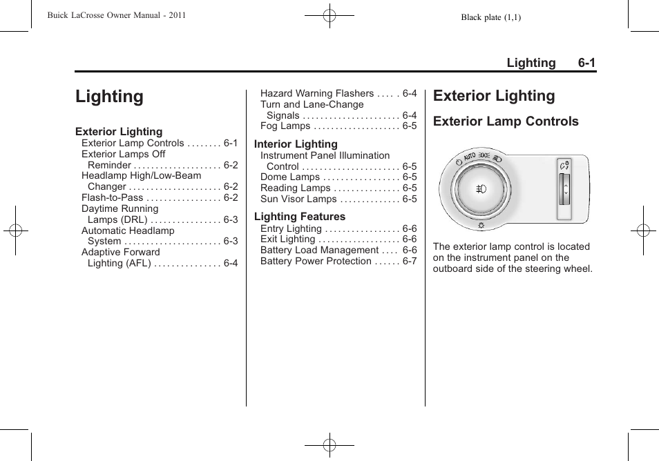 Lighting, Exterior lighting, Exterior lamp controls | Lighting -1, Exterior lighting -1, Object detection, Exterior lamp controls on | Buick 2011 Lacrosse User Manual | Page 173 / 462