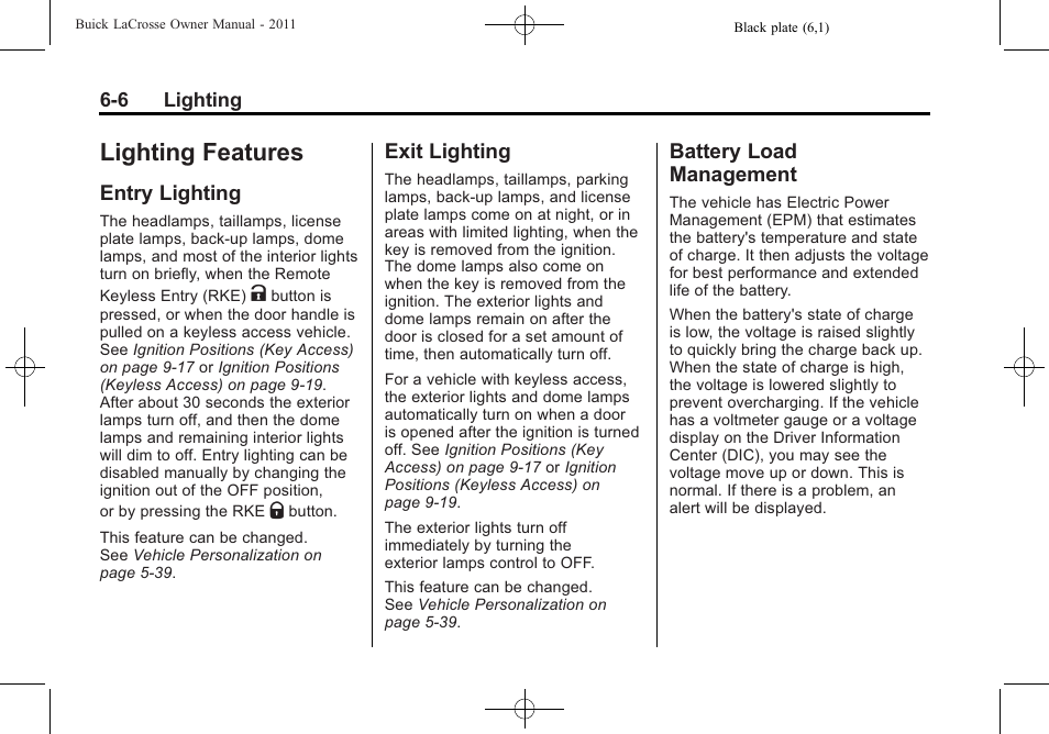 Lighting features, Entry lighting, Exit lighting | Battery load management, Lighting features -6, Towing | Buick 2011 Lacrosse User Manual | Page 178 / 462