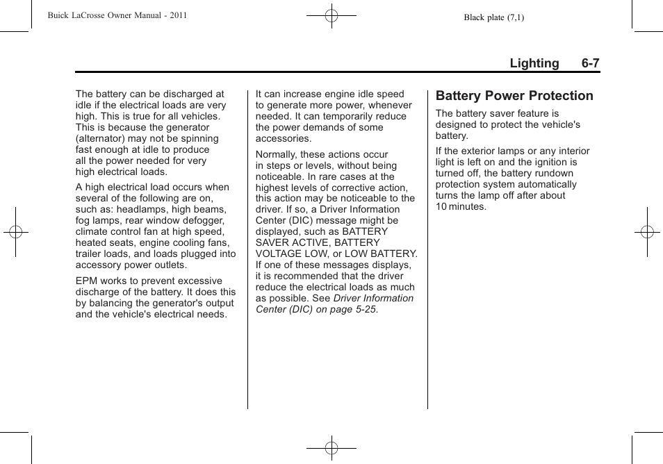 Battery power protection, Battery power protection -7 | Buick 2011 Lacrosse User Manual | Page 179 / 462