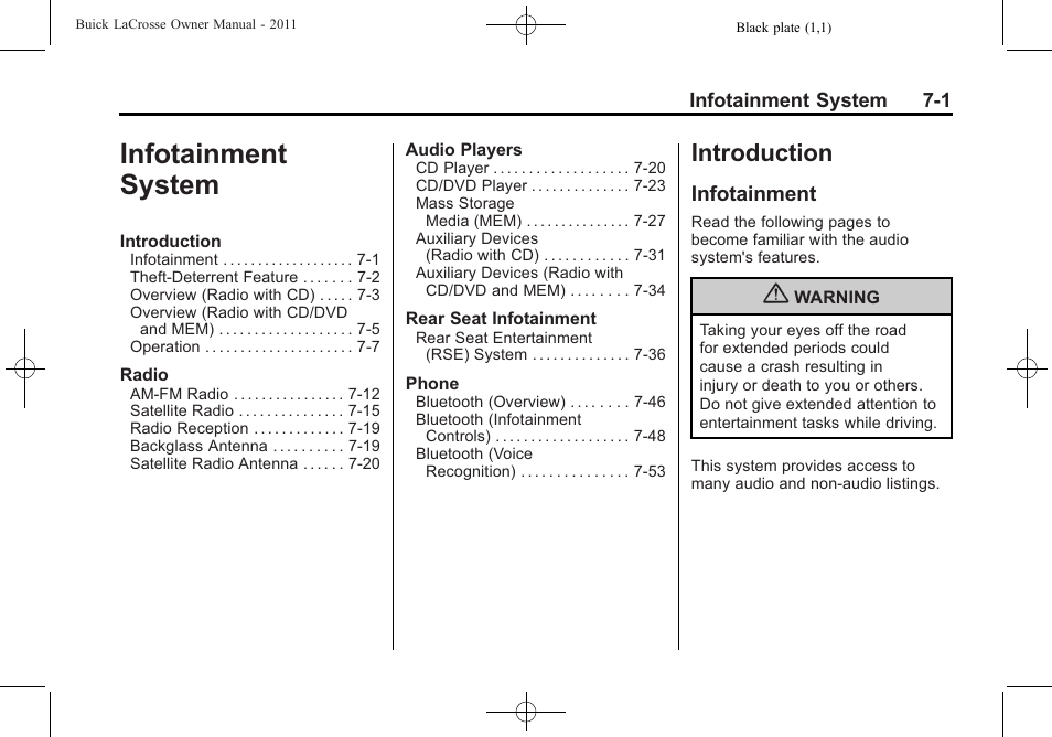 Infotainment system, Introduction, Infotainment | Infotainment system -1, Introduction -1 | Buick 2011 Lacrosse User Manual | Page 181 / 462