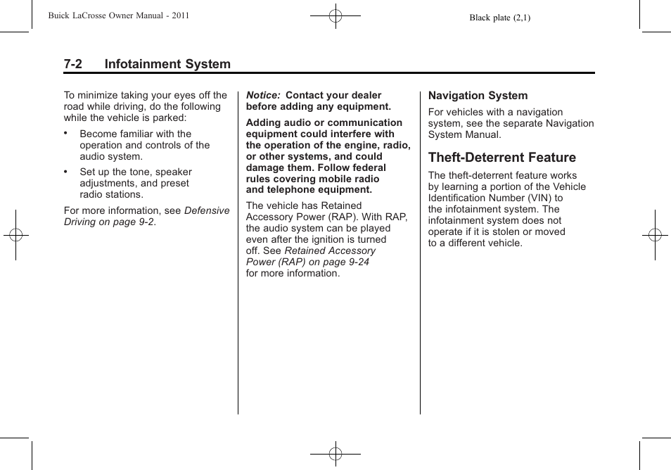 Theft-deterrent feature, Theft-deterrent feature -2, 2 infotainment system | Buick 2011 Lacrosse User Manual | Page 182 / 462