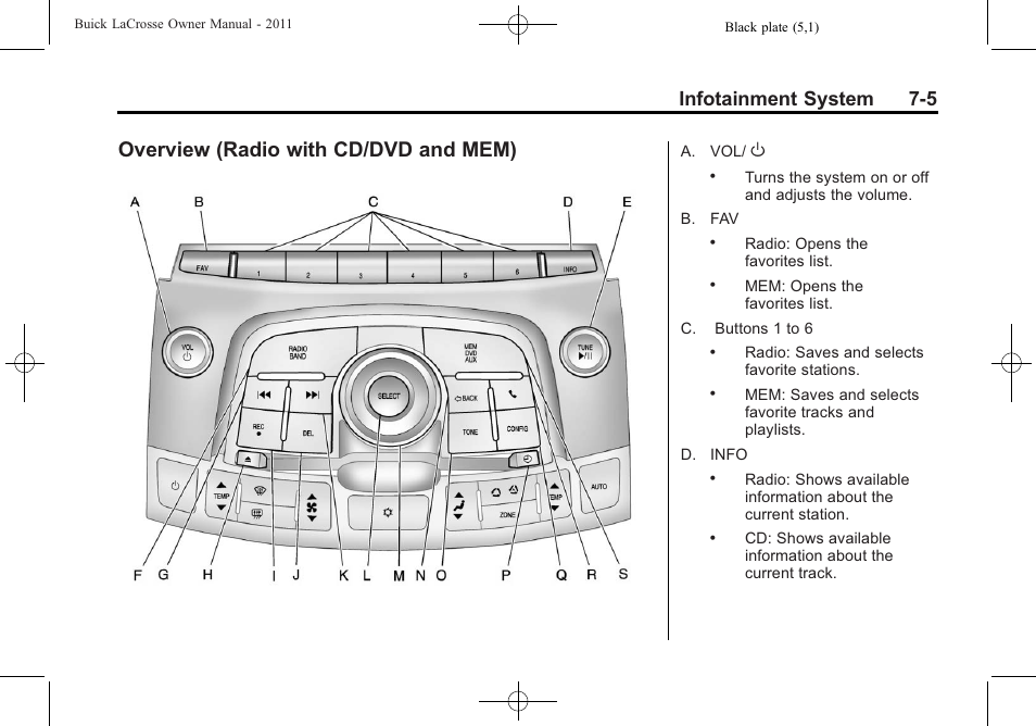 Overview (radio with cd/dvd and mem), Overview (radio with cd/dvd, And mem) -5 | Infotainment system 7-5 | Buick 2011 Lacrosse User Manual | Page 185 / 462