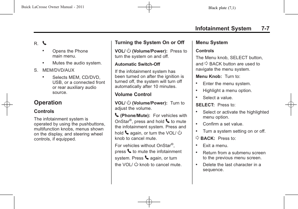 Operation, Operation -7, Infotainment system 7-7 | Buick 2011 Lacrosse User Manual | Page 187 / 462