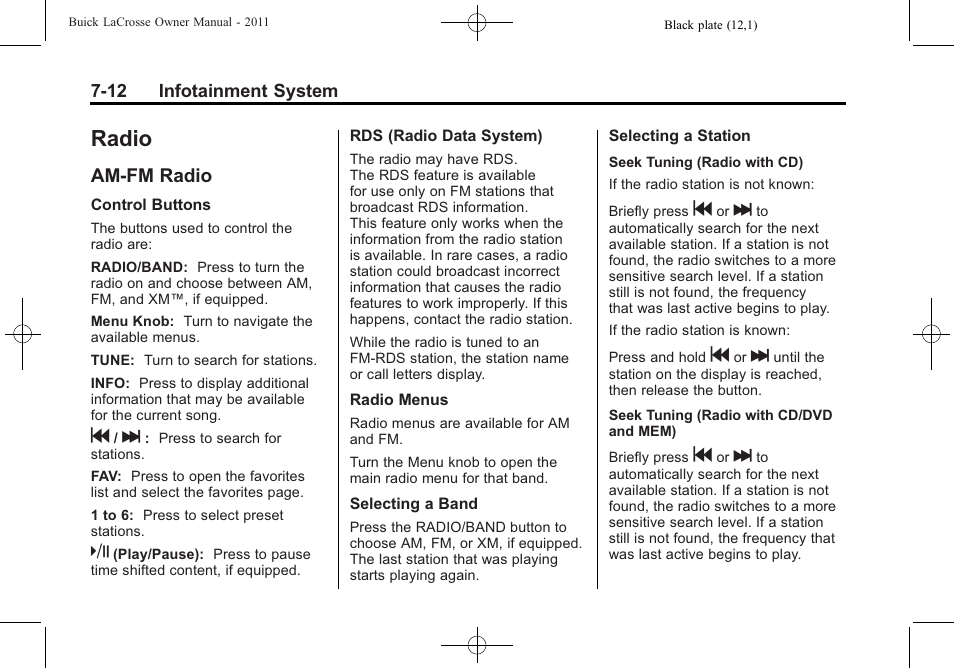 Radio, Am-fm radio, Radio -12 | Am-fm radio -12, Bluetooth (overview) | Buick 2011 Lacrosse User Manual | Page 192 / 462