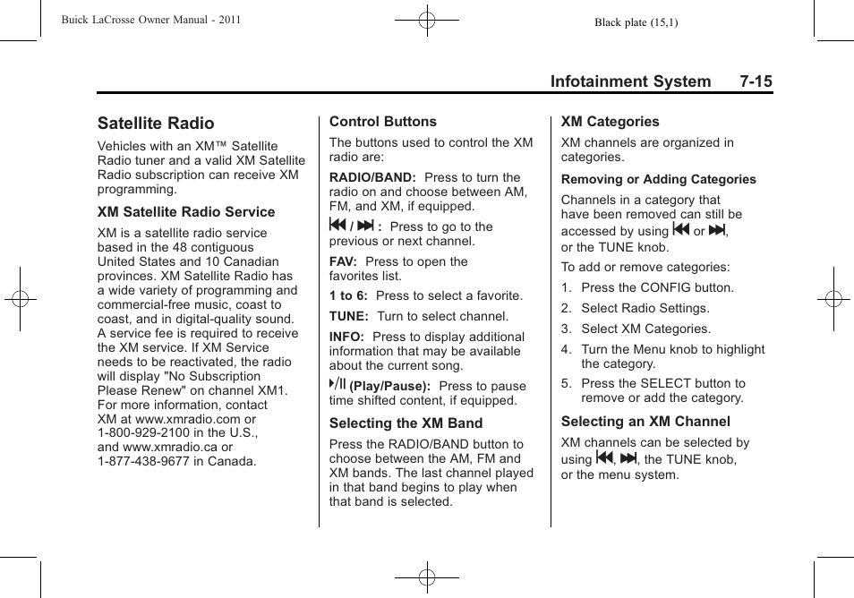 Satellite radio, Satellite radio -15, Bluetooth (infotainment | Buick 2011 Lacrosse User Manual | Page 195 / 462